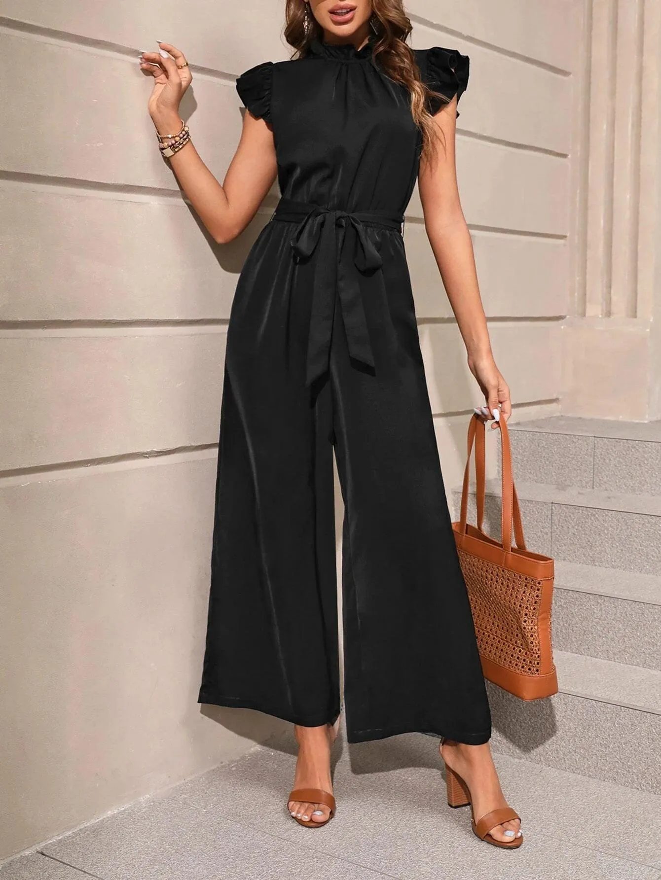 Butterfly Sleeve Slant Pocket Belted Wide Leg Jumpsuit