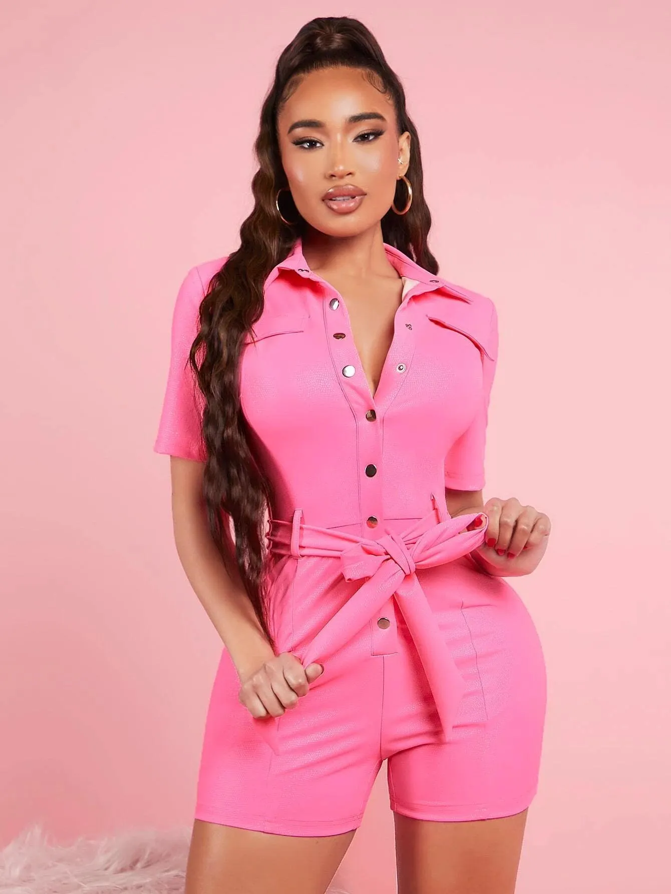 Button Front Short Sleeve Belted Romper
