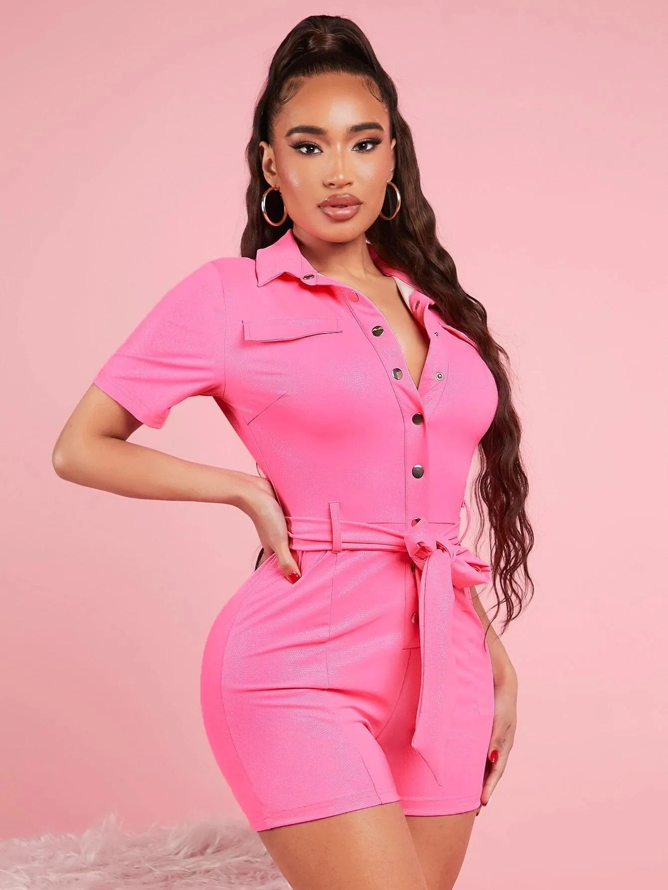 Button Front Short Sleeve Belted Romper