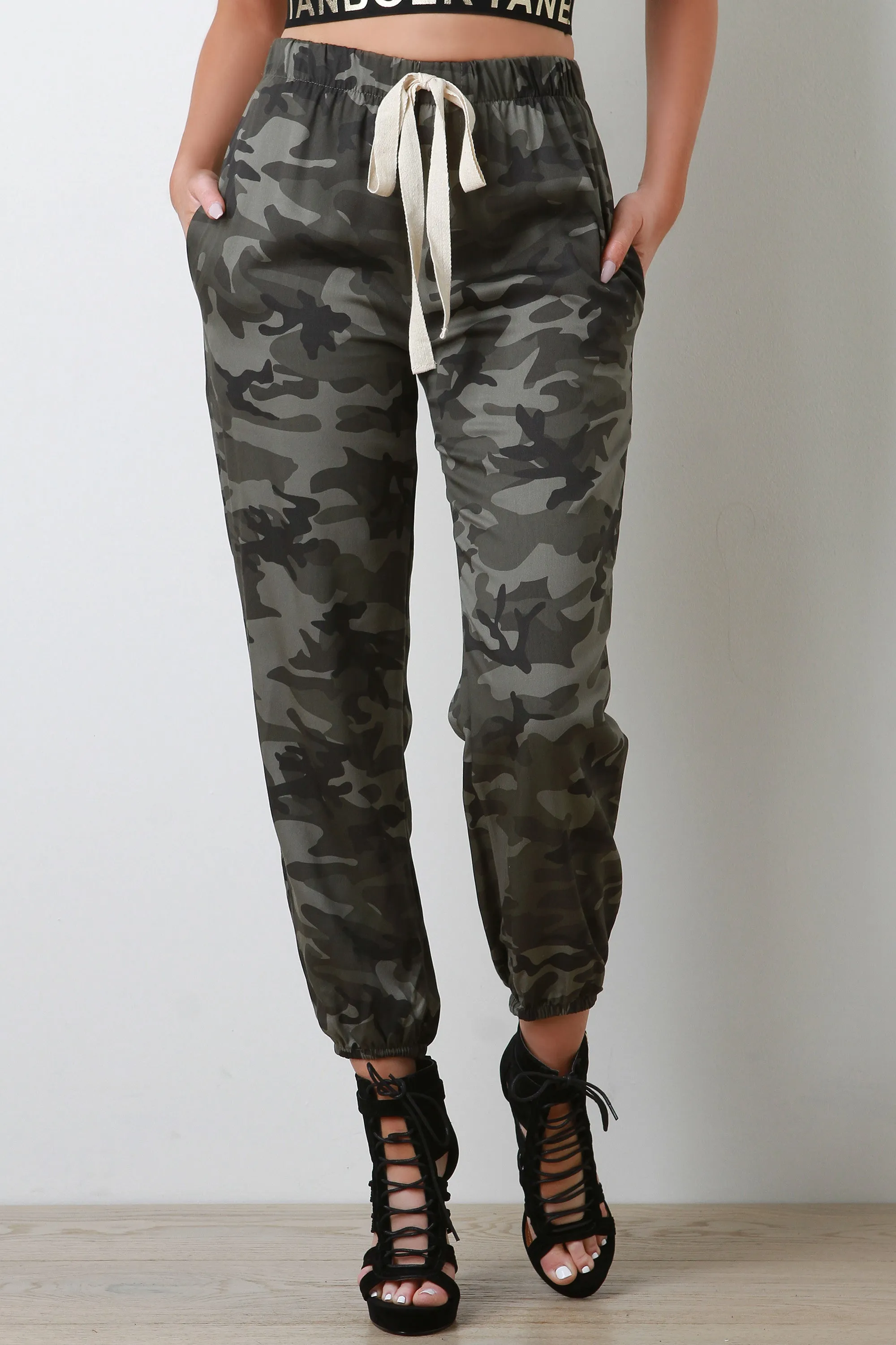 Camouflage High Waisted Drawstring Jogger Pants