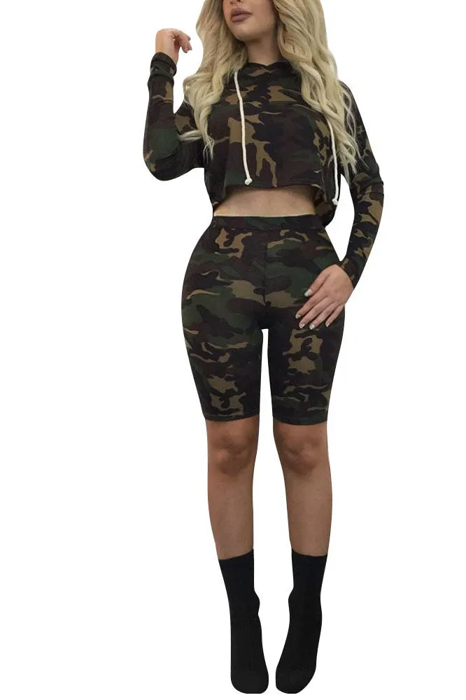 Camouflage Hooded Crop Top with Skinny Shorts Two Pieces Set