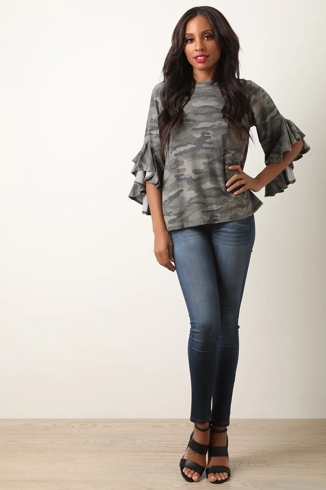 Camouflage Long Ruffled Sleeve Top