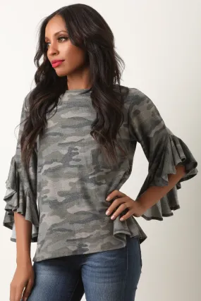 Camouflage Long Ruffled Sleeve Top