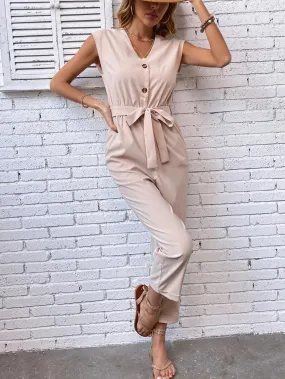 Casual Button Front Belted Jumpsuit