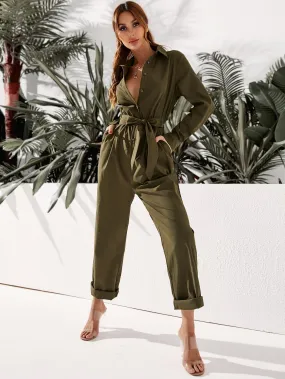 Casual Plain Button Front Long Sleeve Collar High Waist Long Women Jumpsuit