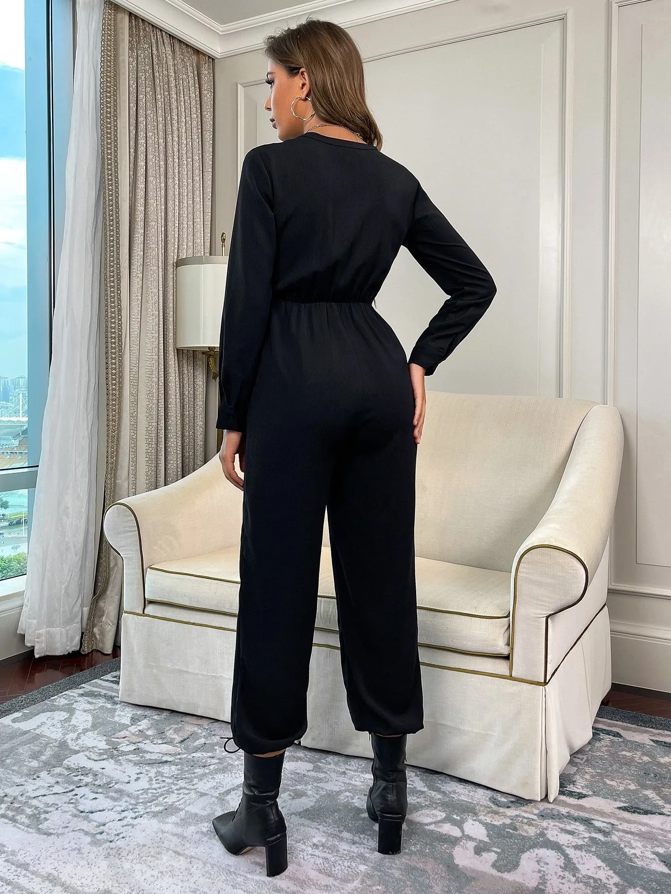 Casual Plain Button Front Long Sleeve Notched High Waist Long Women Jumpsuit