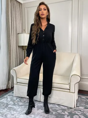 Casual Plain Button Front Long Sleeve Notched High Waist Long Women Jumpsuit