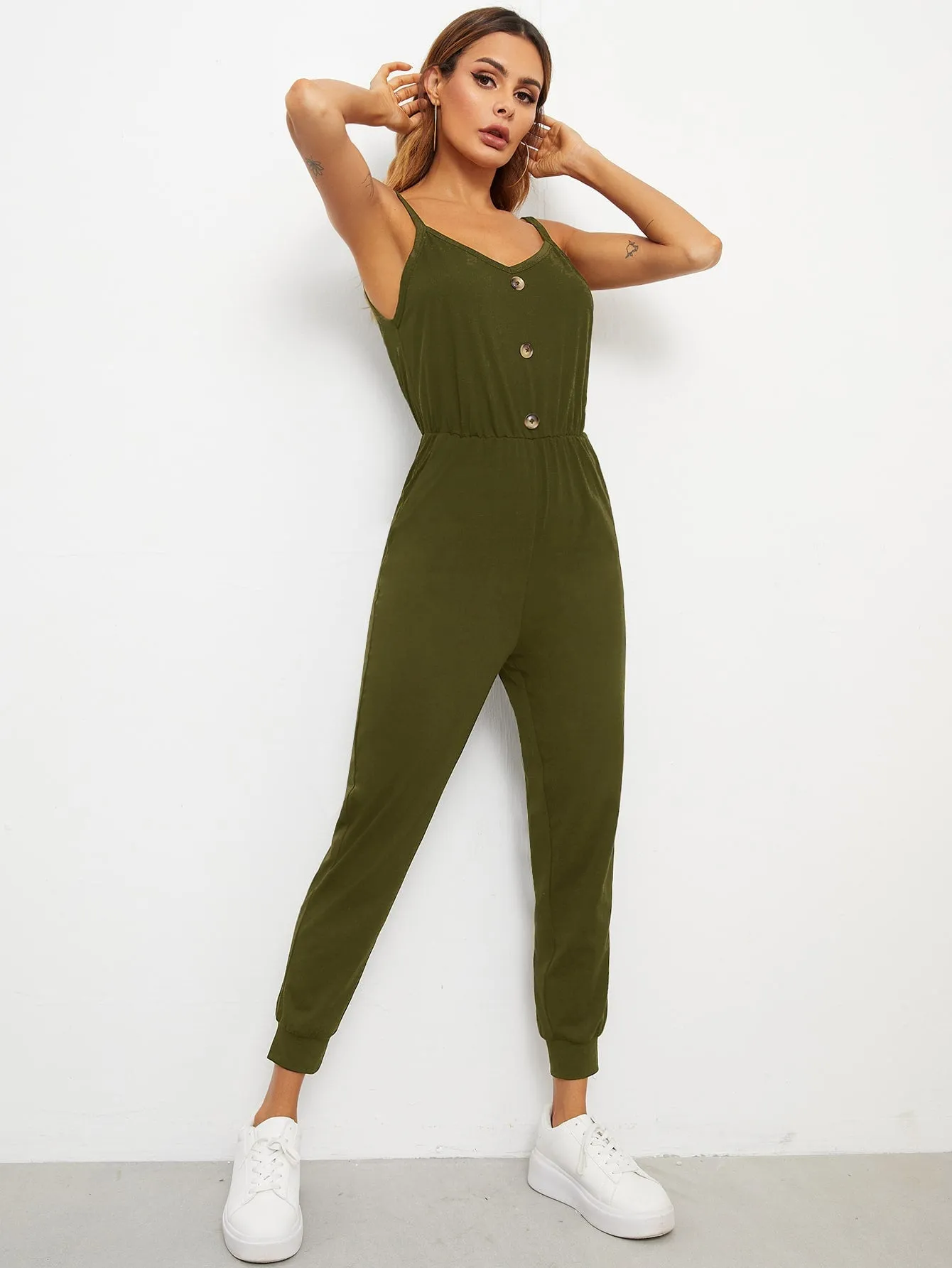 Casual Plain Button Front Sleeveless Spaghetti Strap High Waist Capris Women Jumpsuit