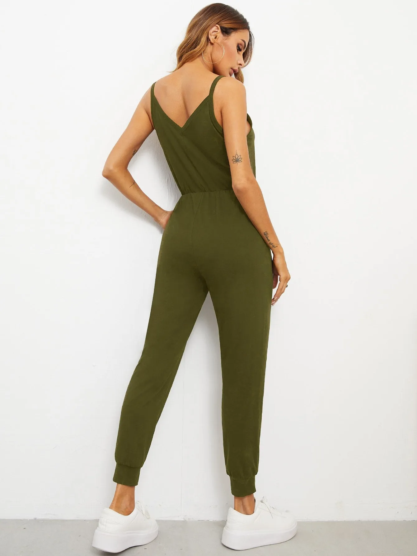 Casual Plain Button Front Sleeveless Spaghetti Strap High Waist Capris Women Jumpsuit