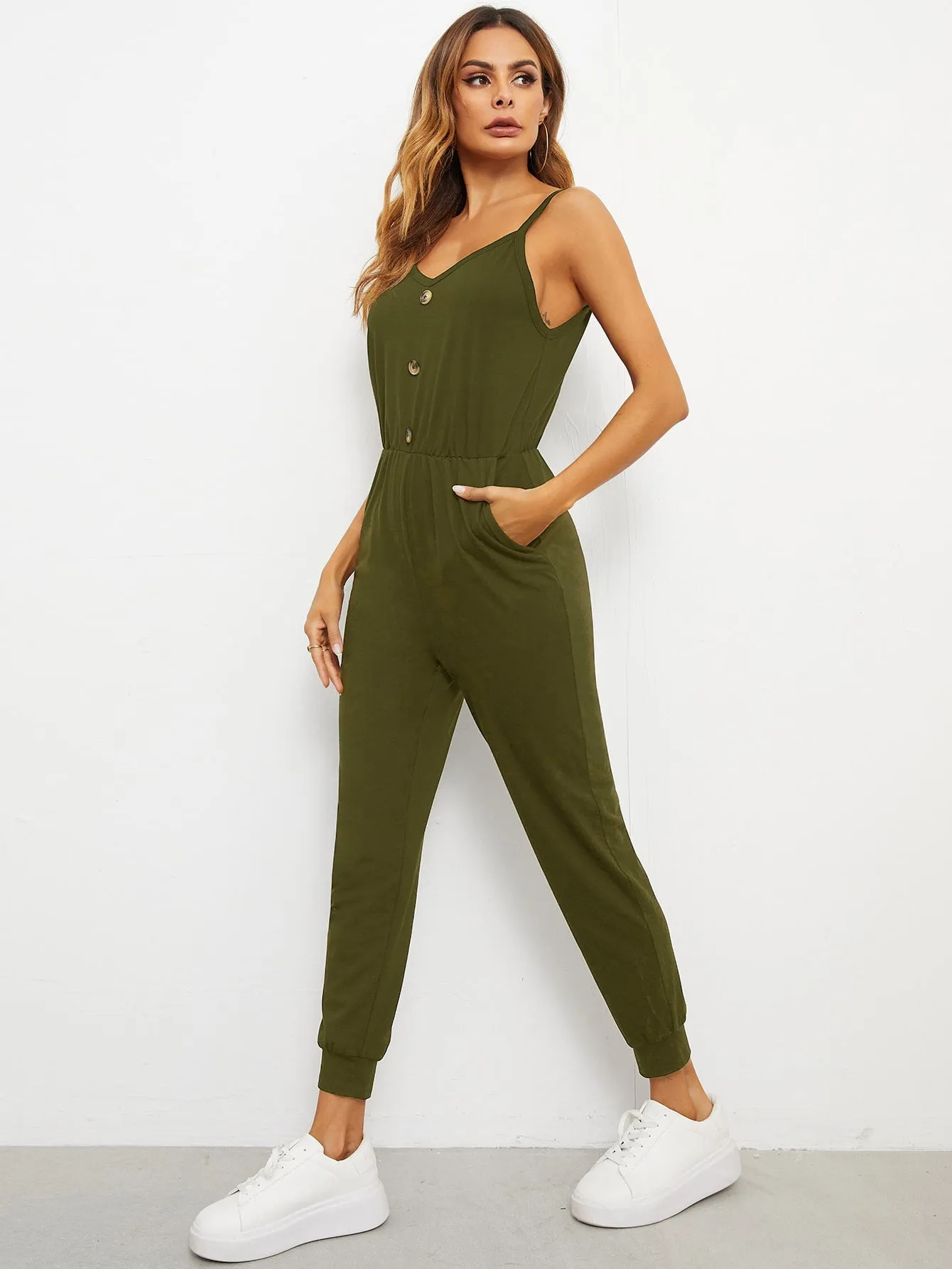 Casual Plain Button Front Sleeveless Spaghetti Strap High Waist Capris Women Jumpsuit