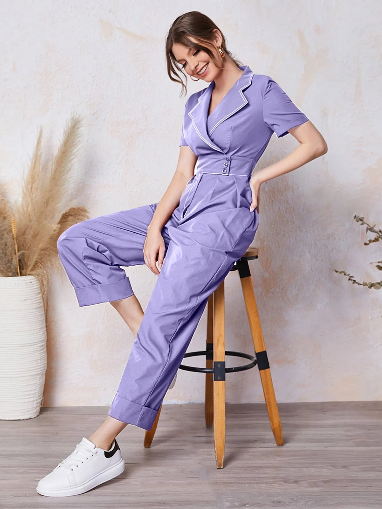 Casual Plain Pocket Short Sleeve Lapel High Waist Capris Women Jumpsuit