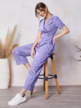 Casual Plain Pocket Short Sleeve Lapel High Waist Capris Women Jumpsuit