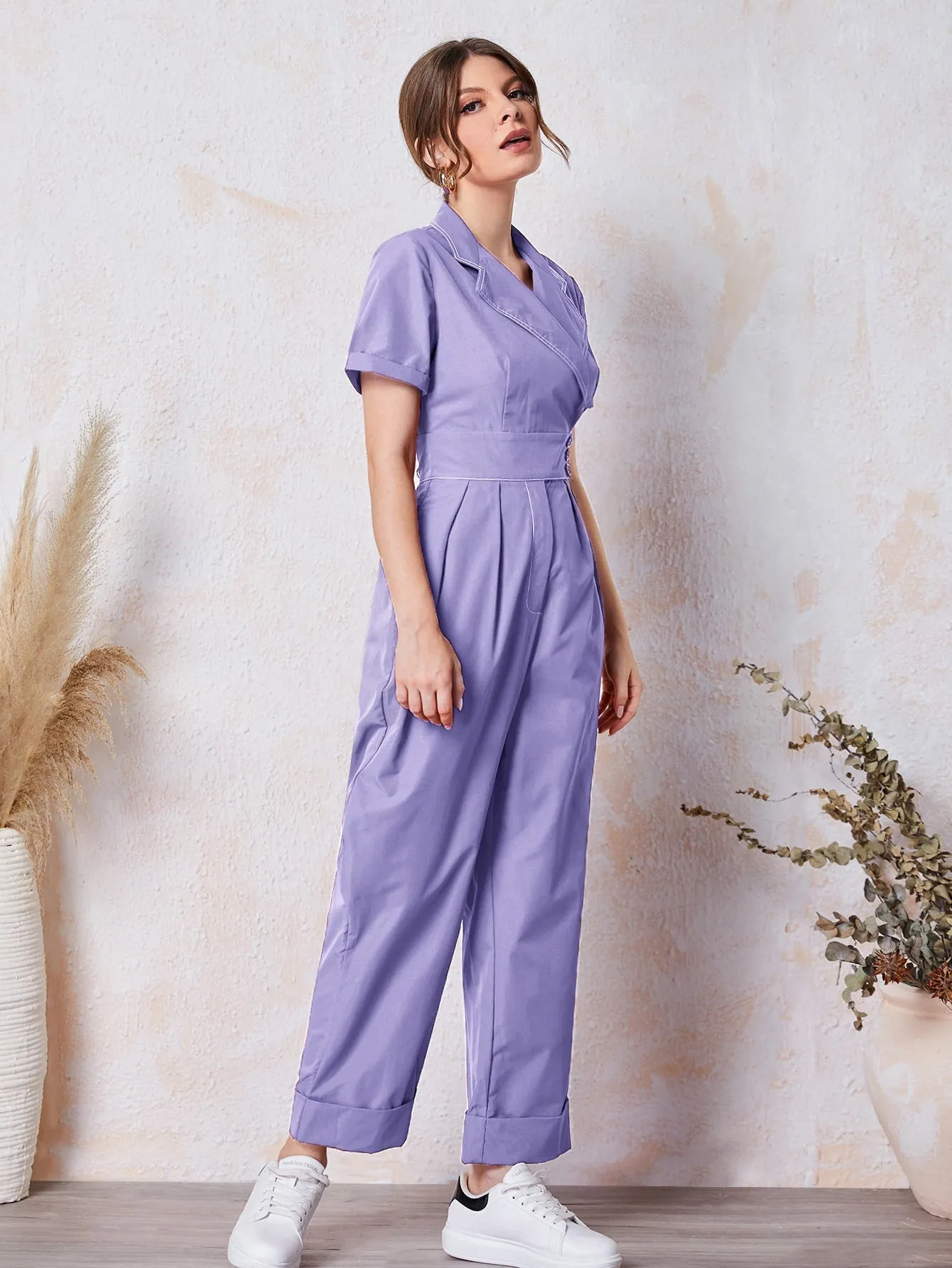 Casual Plain Pocket Short Sleeve Lapel High Waist Capris Women Jumpsuit
