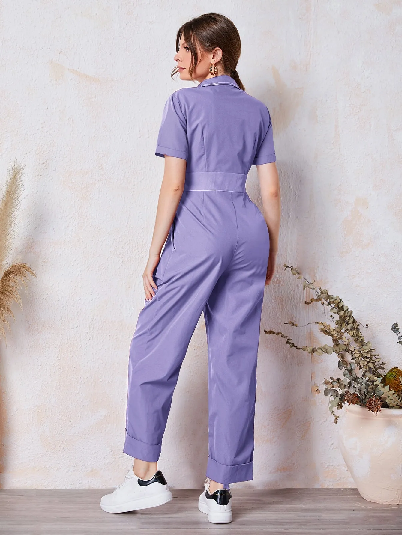 Casual Plain Pocket Short Sleeve Lapel High Waist Capris Women Jumpsuit