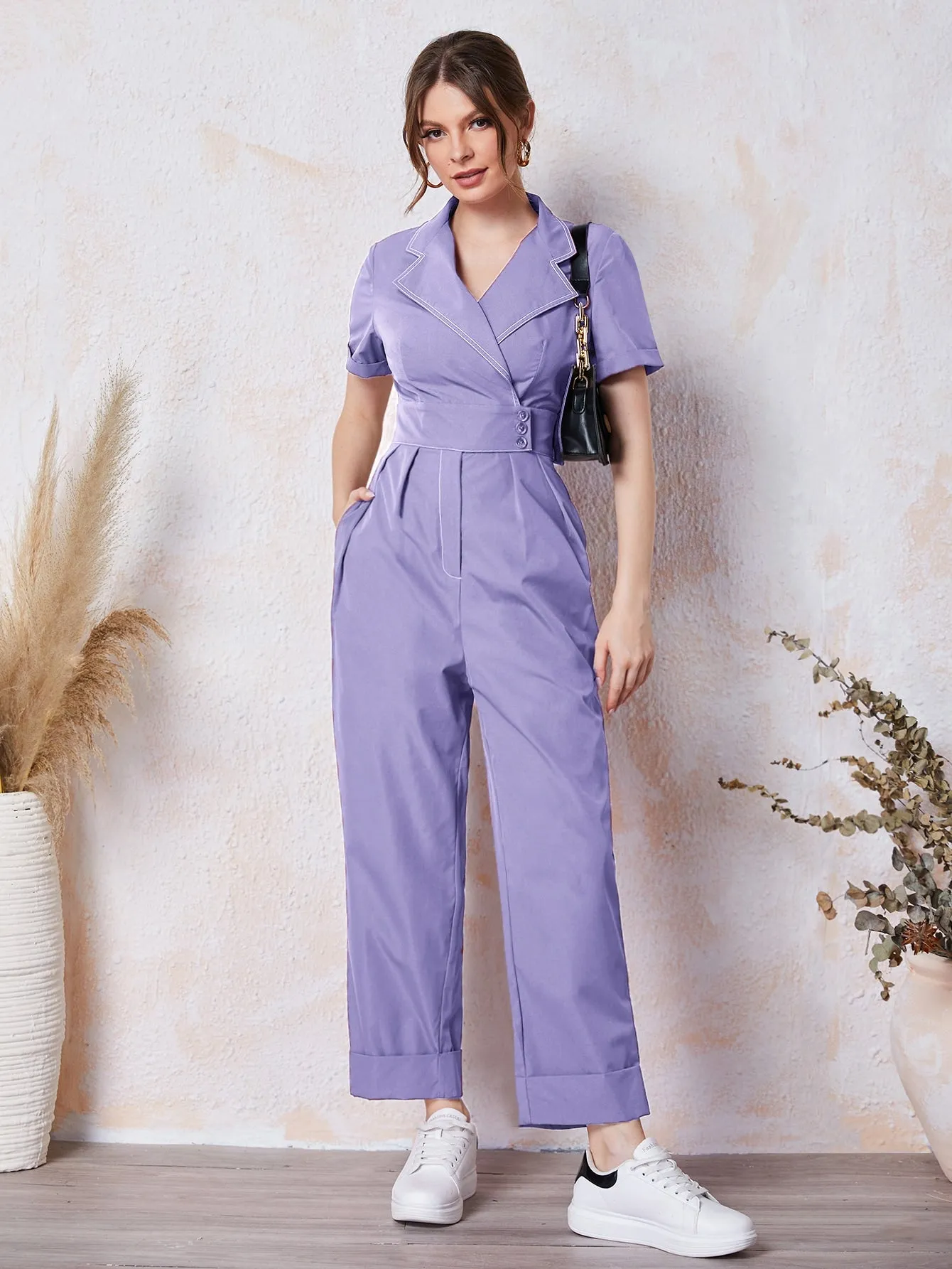 Casual Plain Pocket Short Sleeve Lapel High Waist Capris Women Jumpsuit