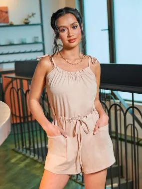 Casual Plain Pocket Short Sleeve Spaghetti Strap High Waist Short Women Jumpsuit