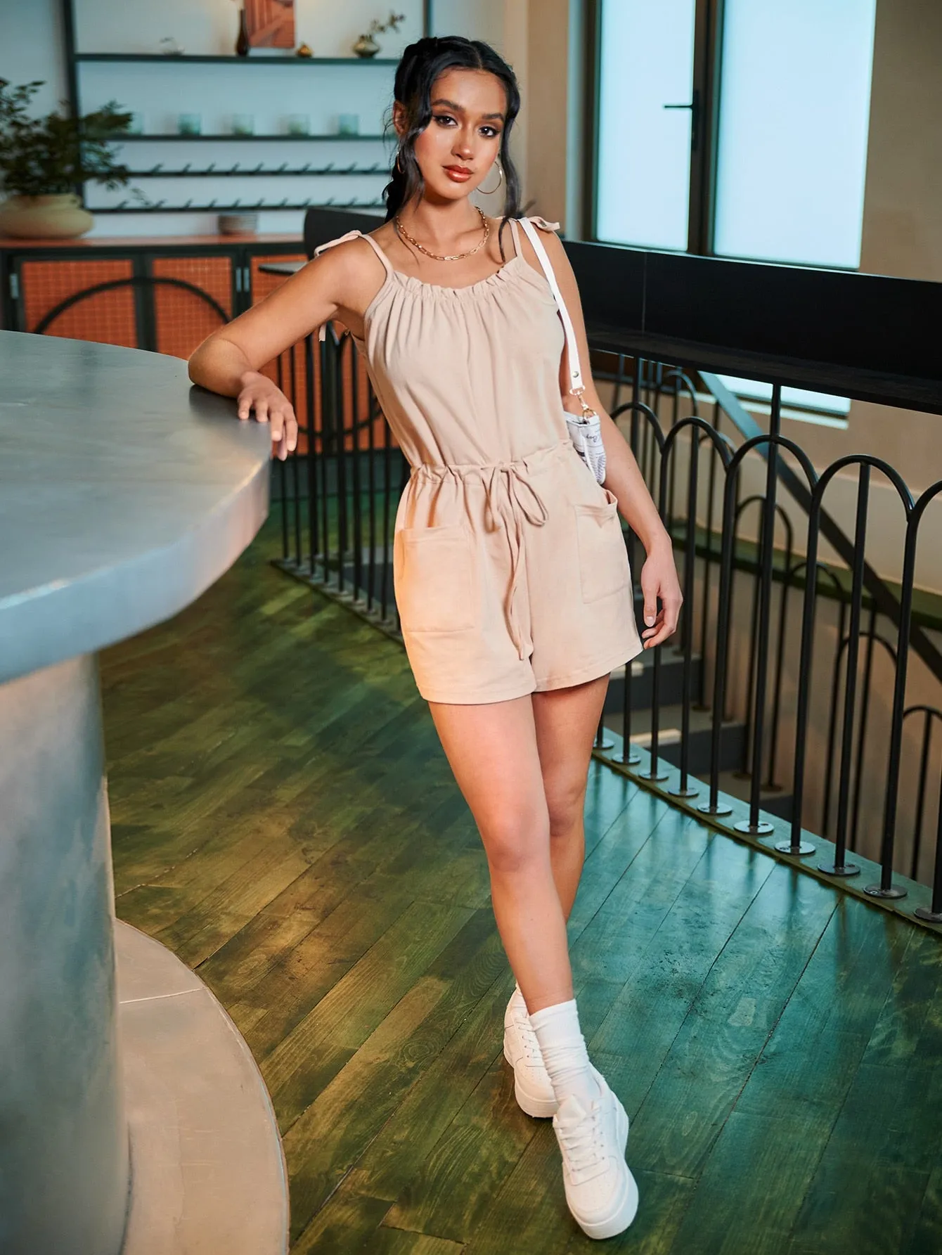 Casual Plain Pocket Short Sleeve Spaghetti Strap High Waist Short Women Jumpsuit