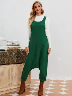 Casual Plain Pocket Sleeveless Straps Drop Waist Long Women Jumpsuit