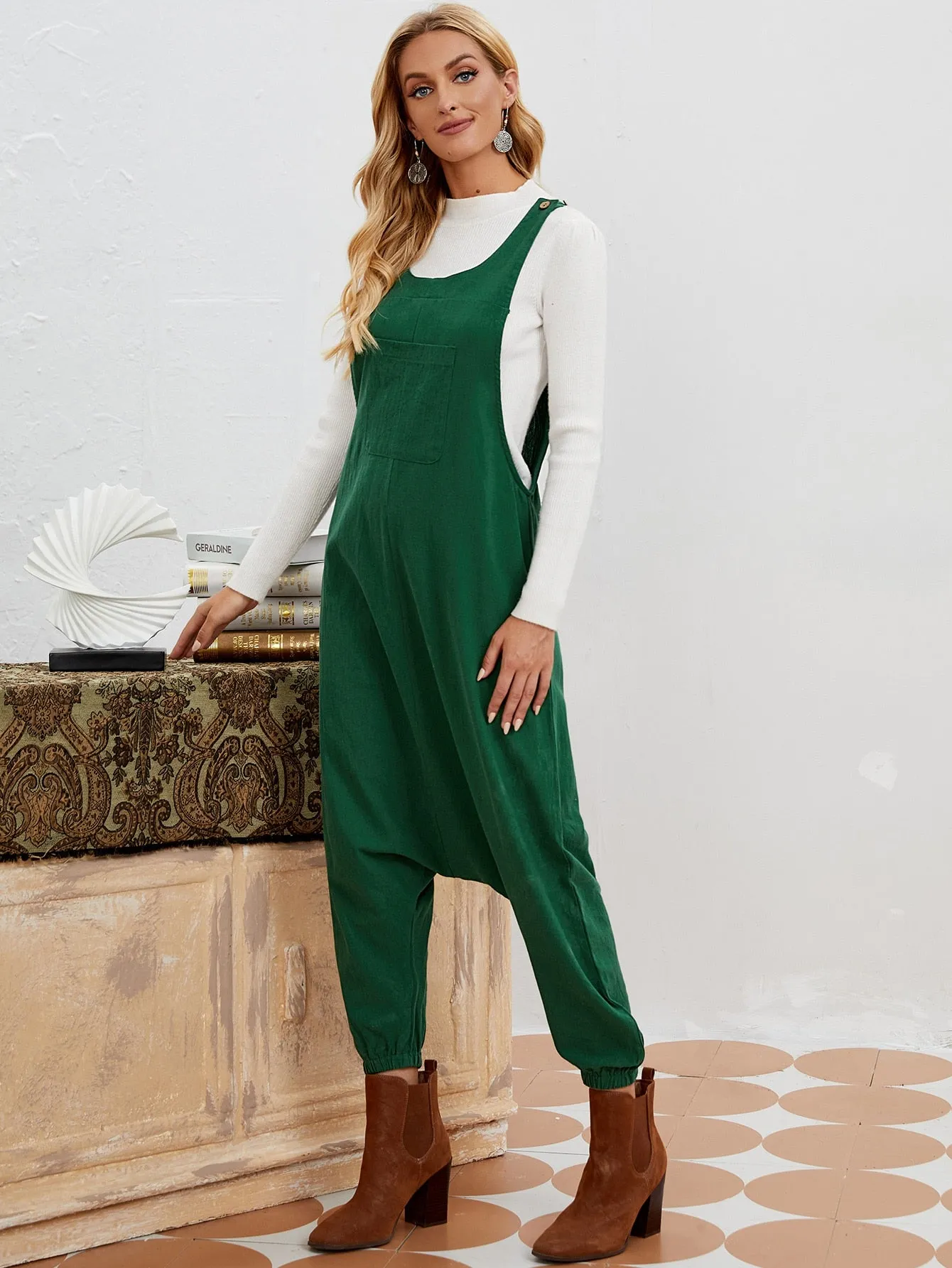 Casual Plain Pocket Sleeveless Straps Drop Waist Long Women Jumpsuit