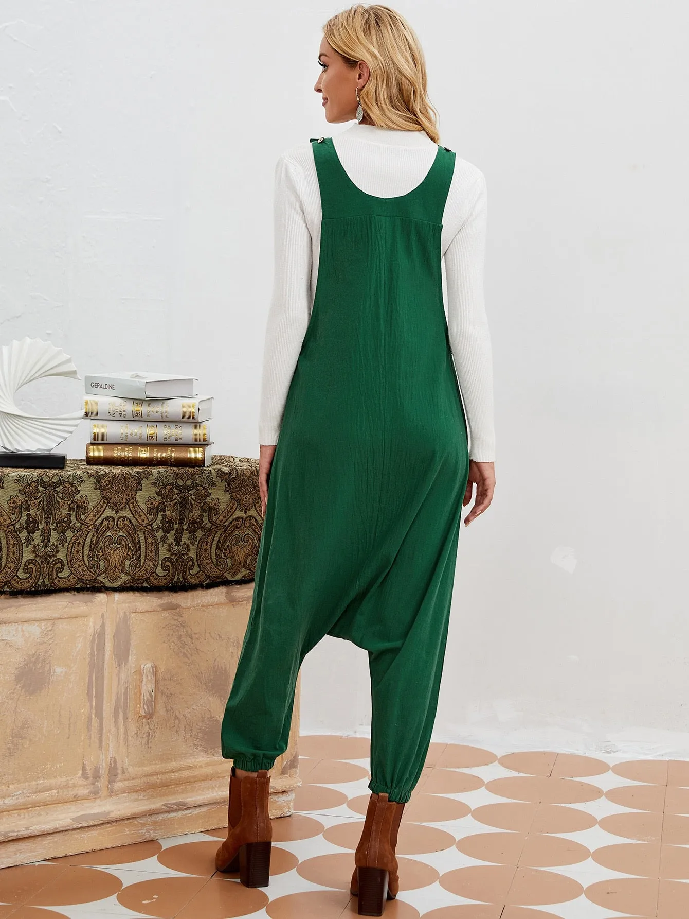 Casual Plain Pocket Sleeveless Straps Drop Waist Long Women Jumpsuit