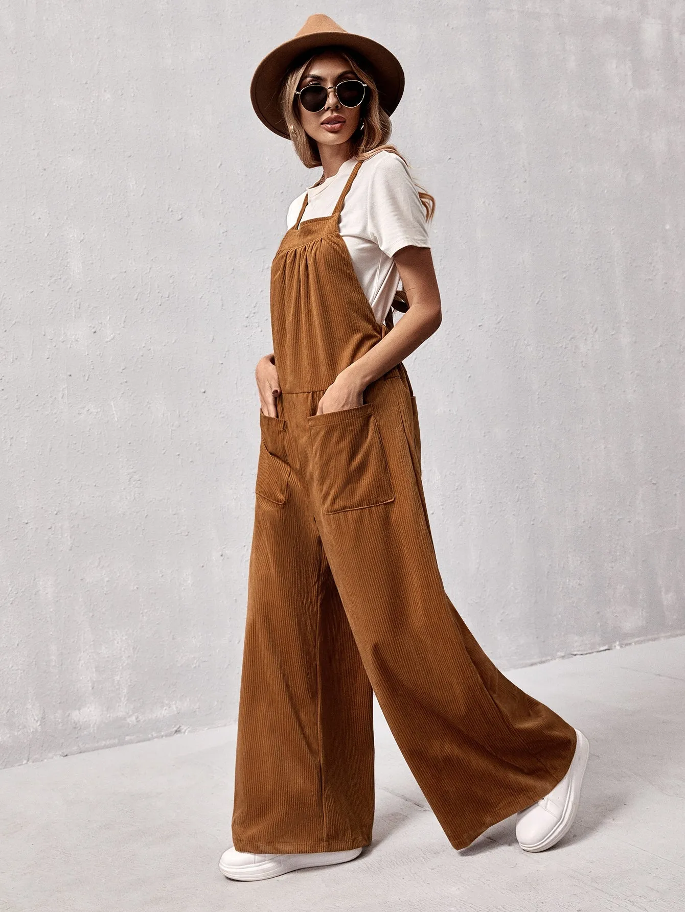 Casual Plain Pocket Sleeveless Straps Natural Long Women Jumpsuit
