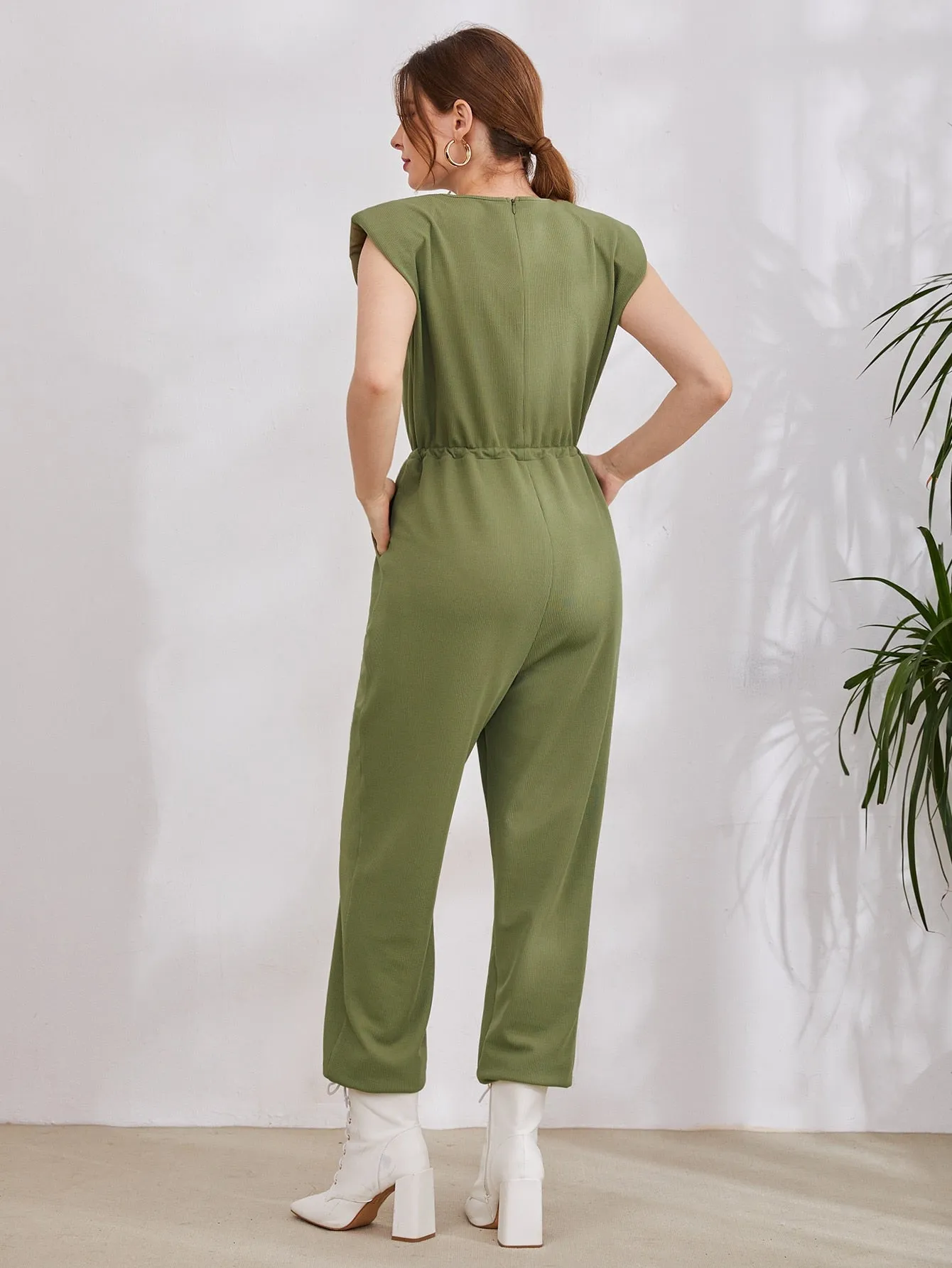 Casual Plain Rib-Knit Sleeveless Round Neck High Waist Long Women Jumpsuit