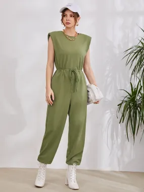 Casual Plain Rib-Knit Sleeveless Round Neck High Waist Long Women Jumpsuit