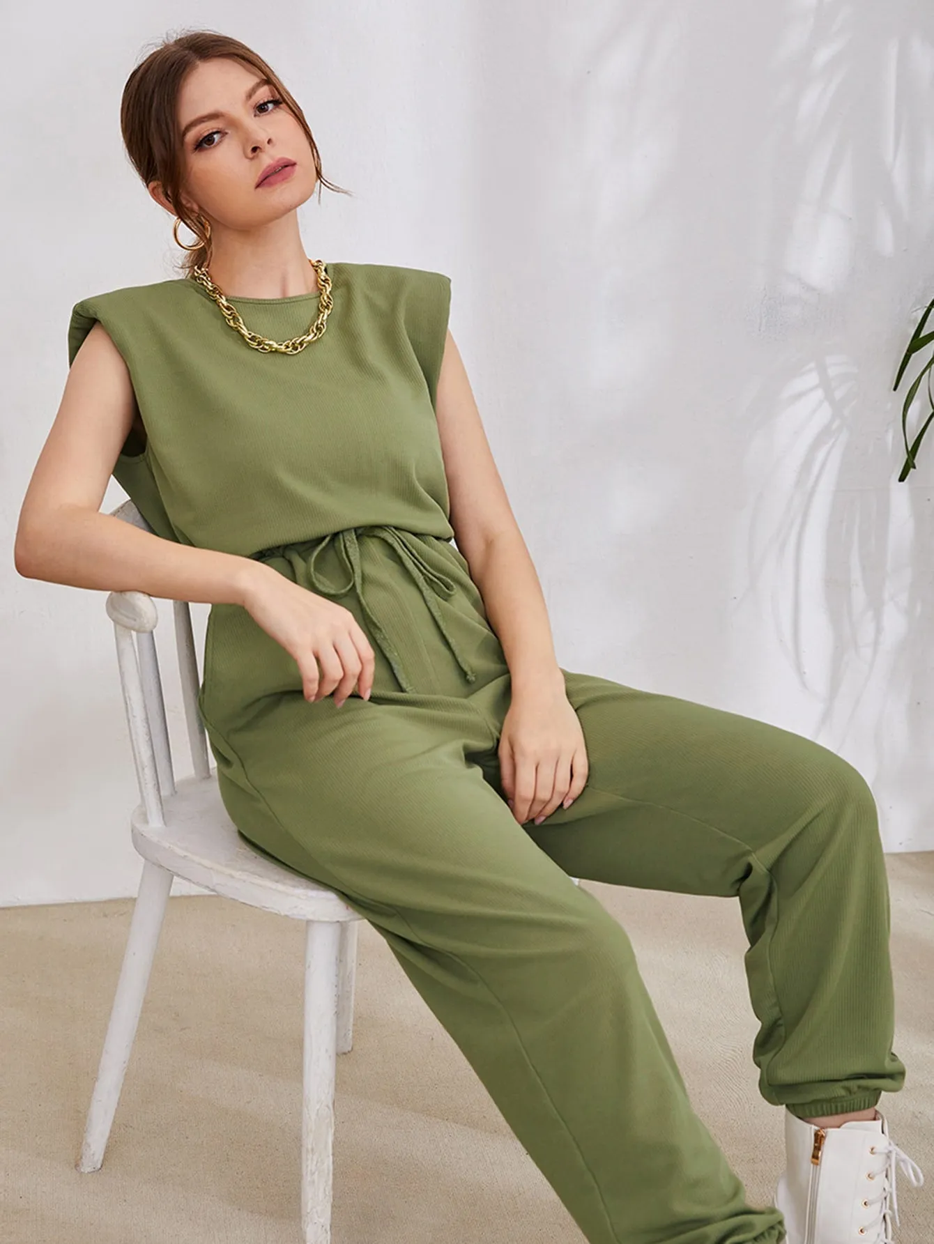 Casual Plain Rib-Knit Sleeveless Round Neck High Waist Long Women Jumpsuit