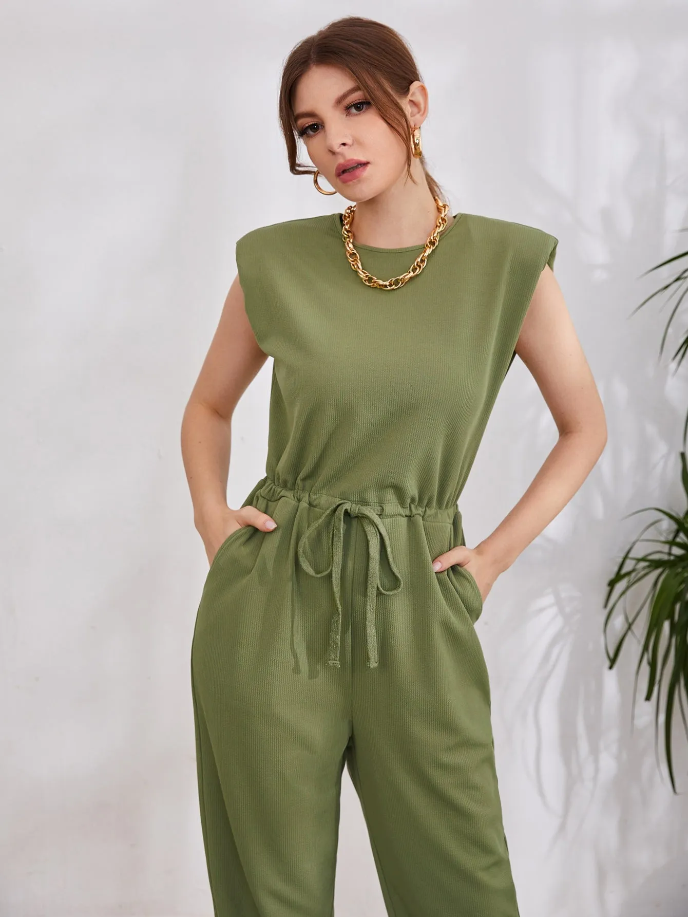 Casual Plain Rib-Knit Sleeveless Round Neck High Waist Long Women Jumpsuit