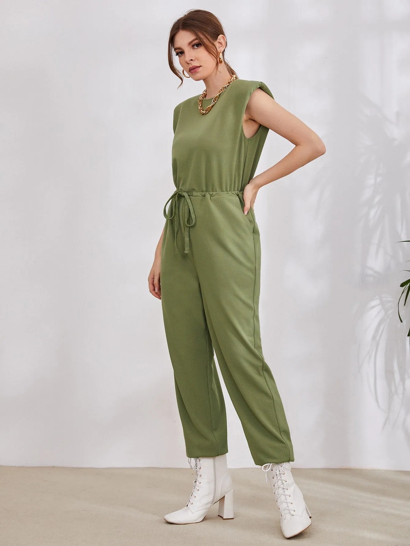Casual Plain Rib-Knit Sleeveless Round Neck High Waist Long Women Jumpsuit