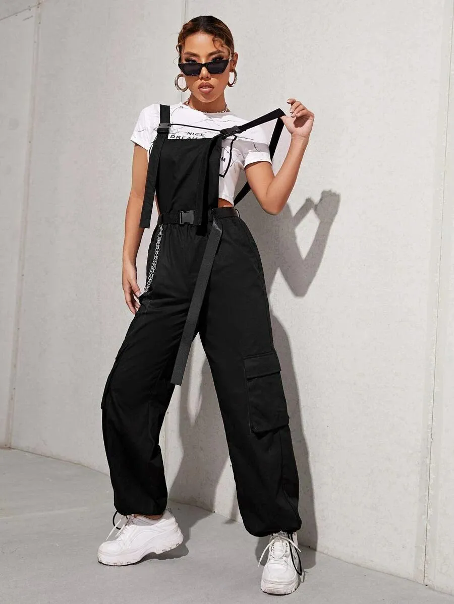 Chain Detail Flap Pocket Buckle Belted Overall Jumpsuit Without Tee