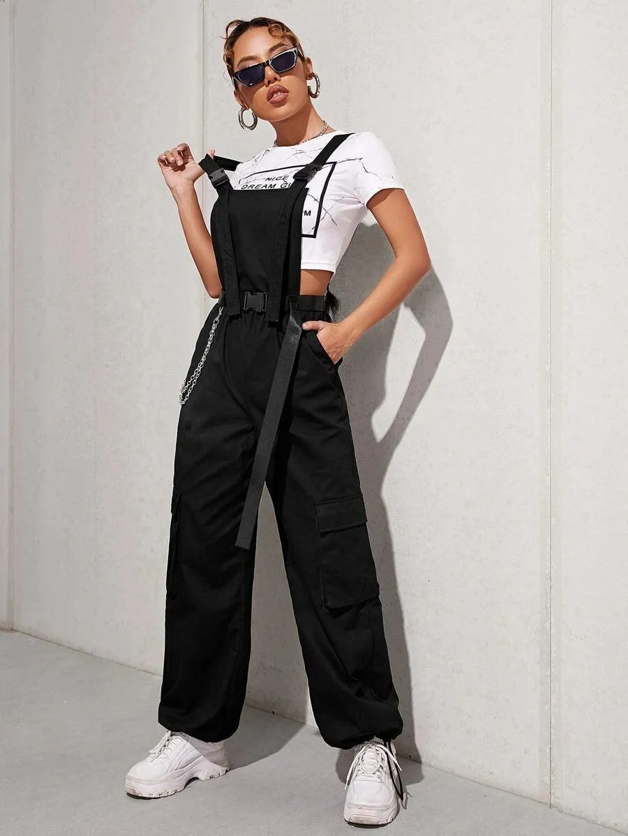 Chain Detail Flap Pocket Buckle Belted Overall Jumpsuit Without Tee