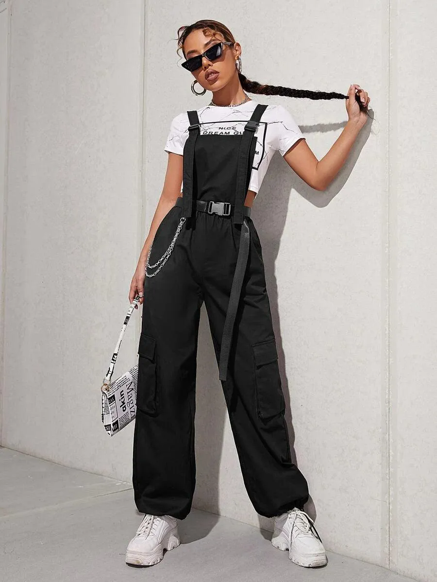 Chain Detail Flap Pocket Buckle Belted Overall Jumpsuit Without Tee