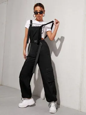Chain Detail Flap Pocket Buckle Belted Overall Jumpsuit Without Tee