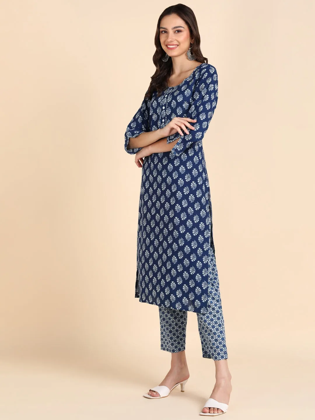 Classic Print Hand Embroidered Kurta, Pant, Dupatta Set - Indigo