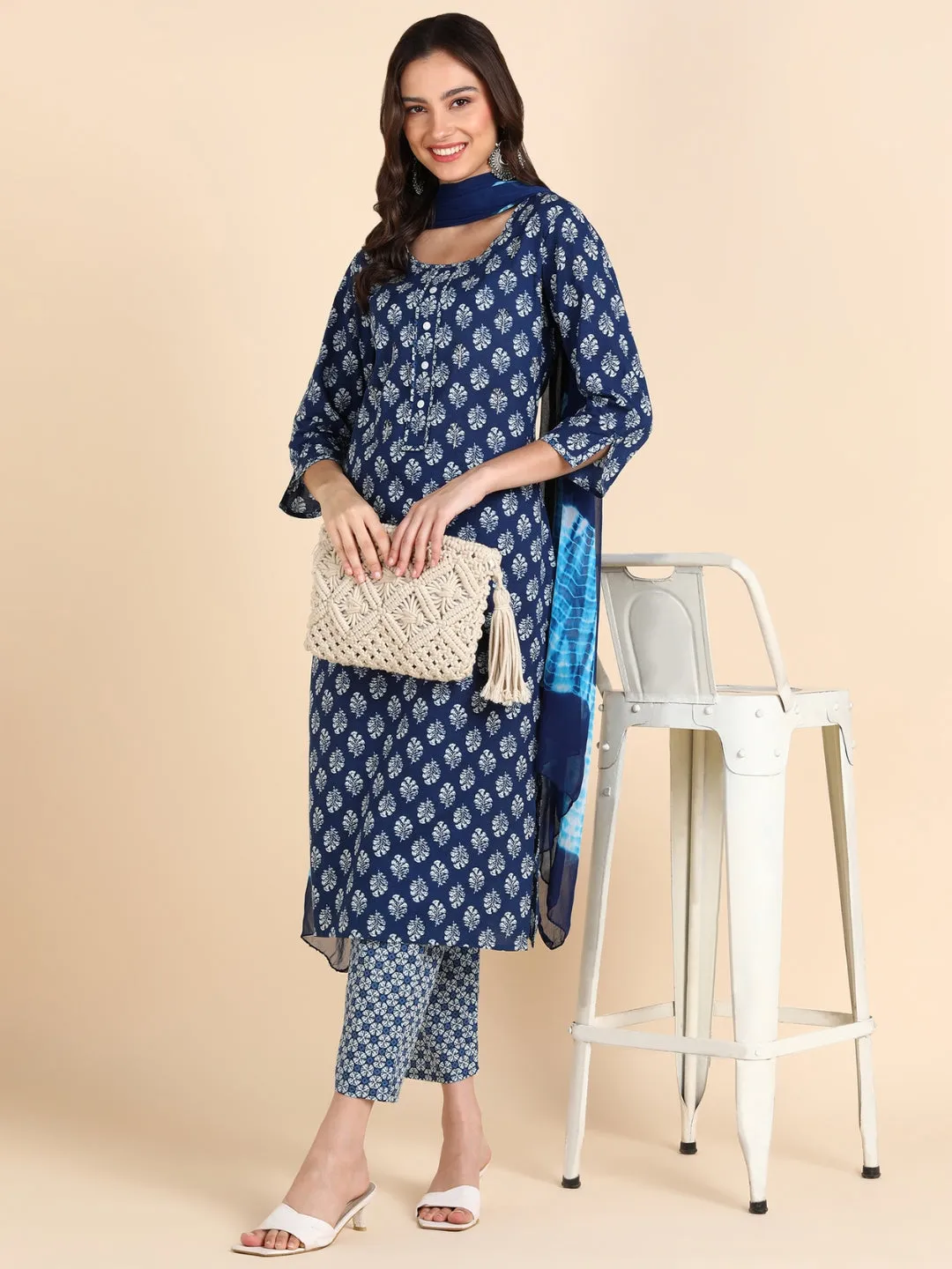 Classic Print Hand Embroidered Kurta, Pant, Dupatta Set - Indigo