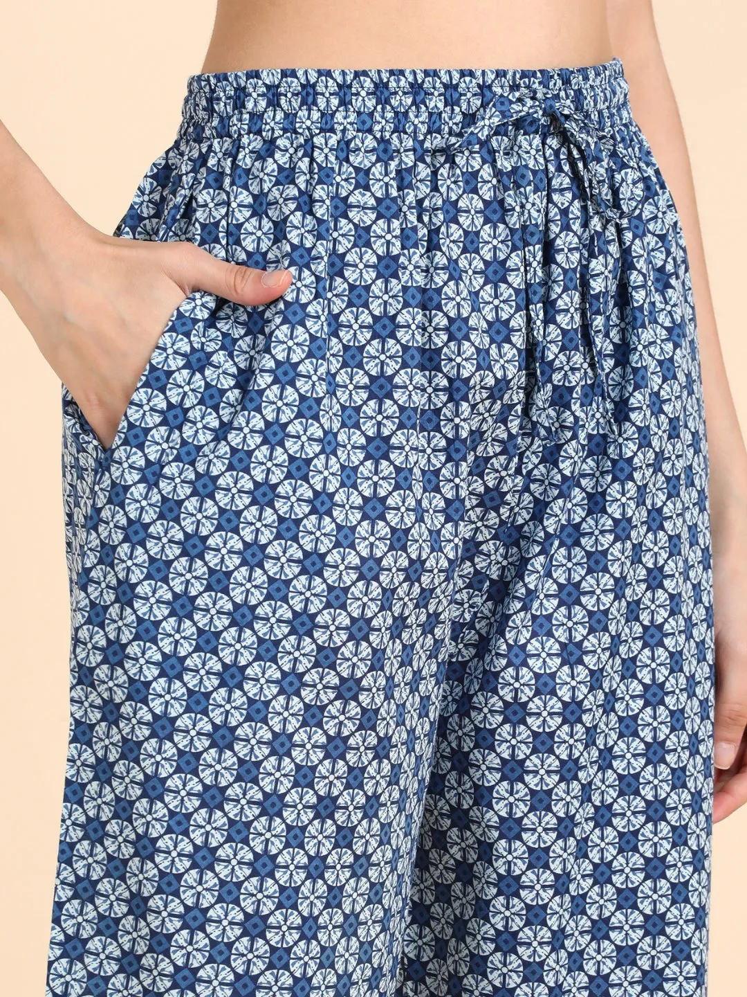 Classic Print Hand Embroidered Kurta, Pant, Dupatta Set - Indigo