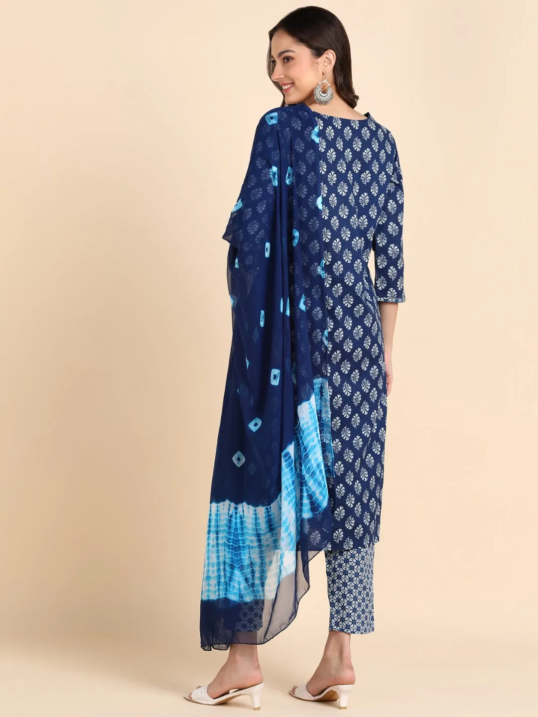 Classic Print Hand Embroidered Kurta, Pant, Dupatta Set - Indigo