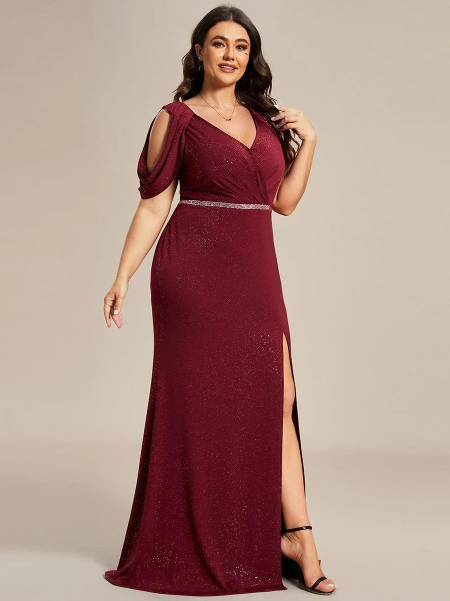 Cold Shoulder Puff Sleeve Shiny Belt Backless Glitter Evening Dress