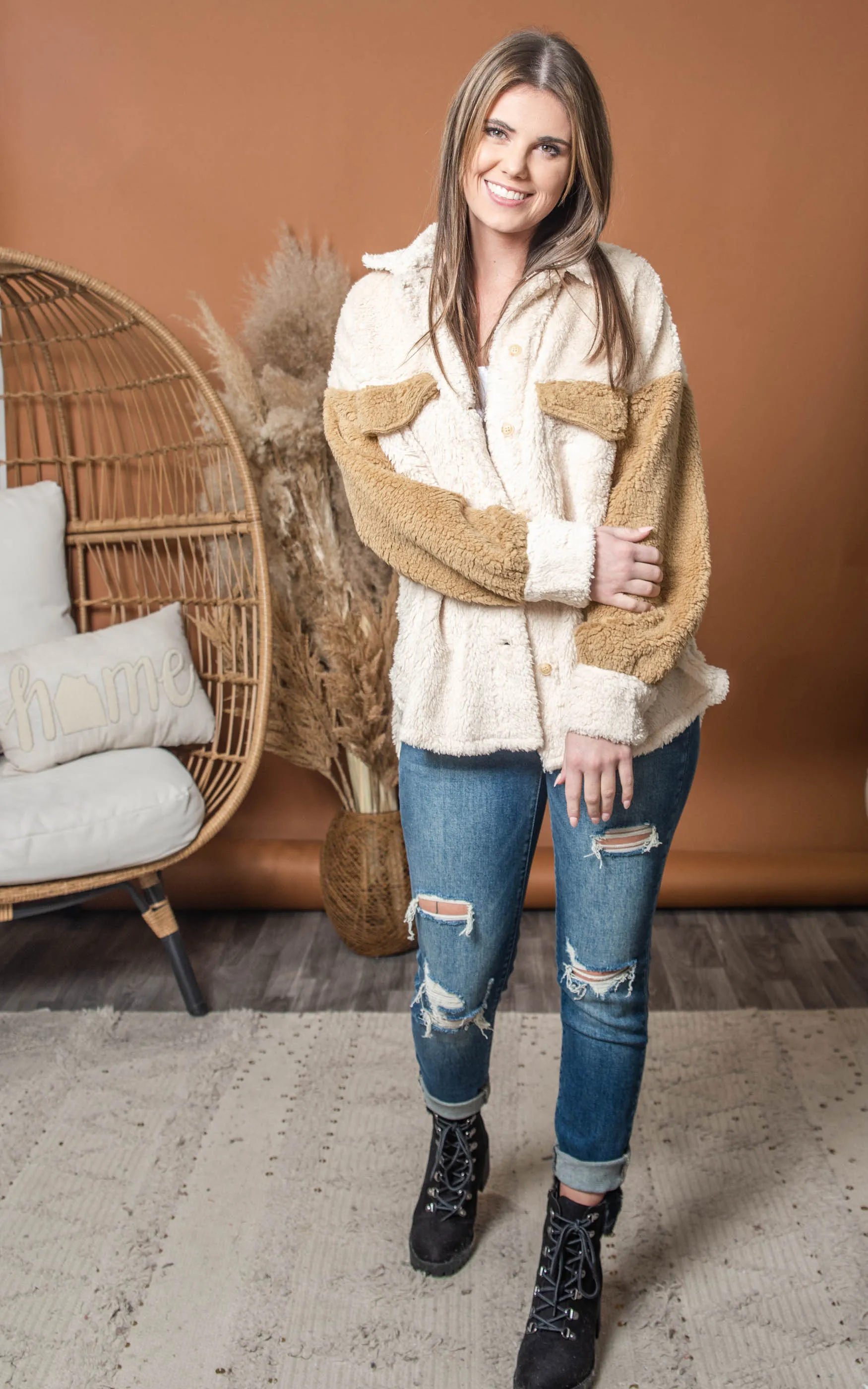 Colorblock Teddy Sherpa Button Up Shacket - Final Sale