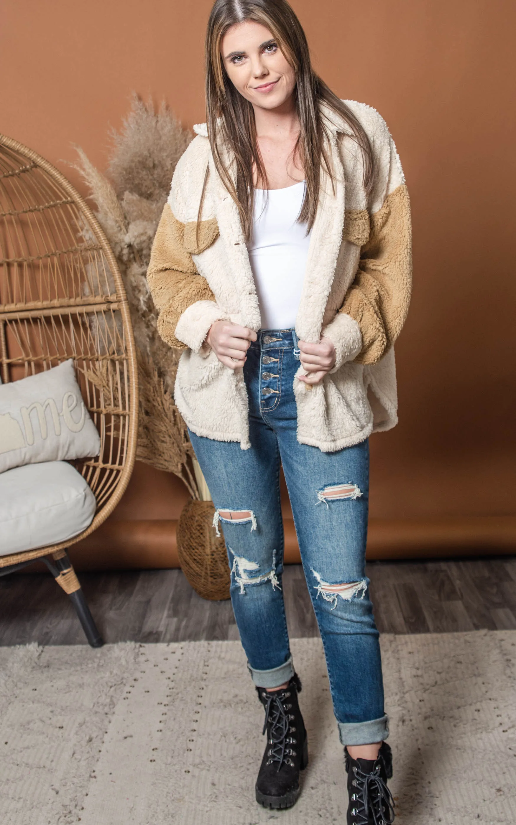 Colorblock Teddy Sherpa Button Up Shacket - Final Sale
