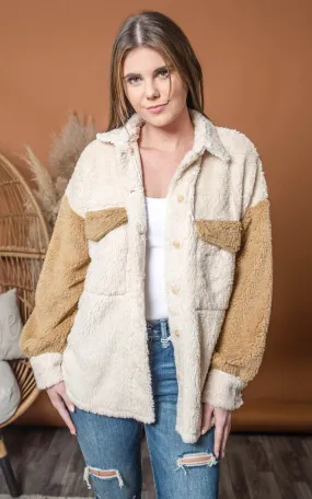 Colorblock Teddy Sherpa Button Up Shacket - Final Sale