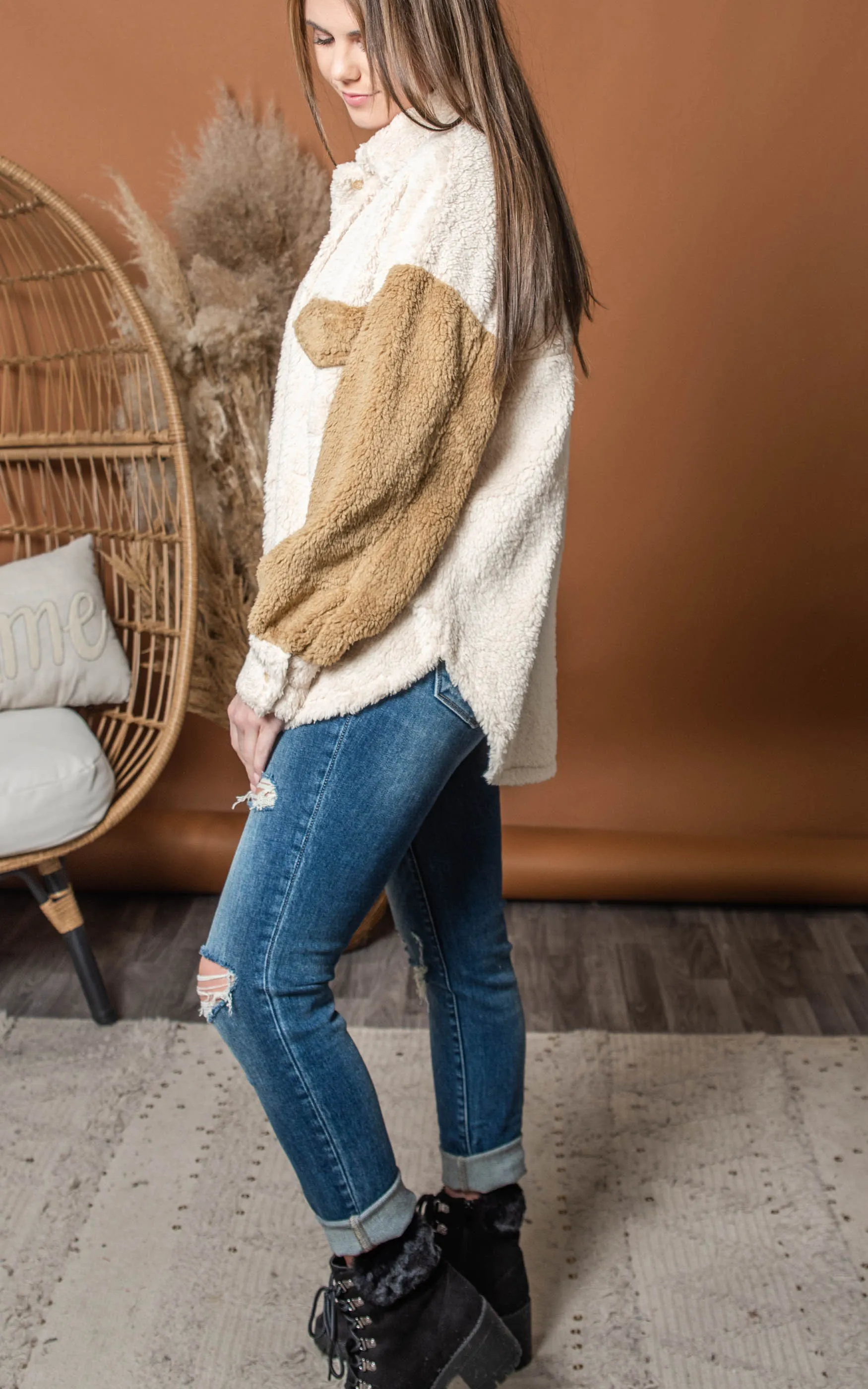 Colorblock Teddy Sherpa Button Up Shacket - Final Sale