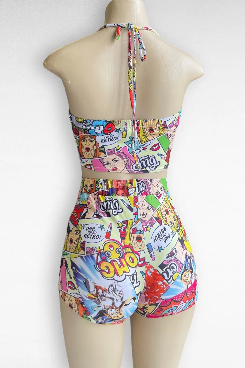 Comic Girl Print Top With Shorts Set