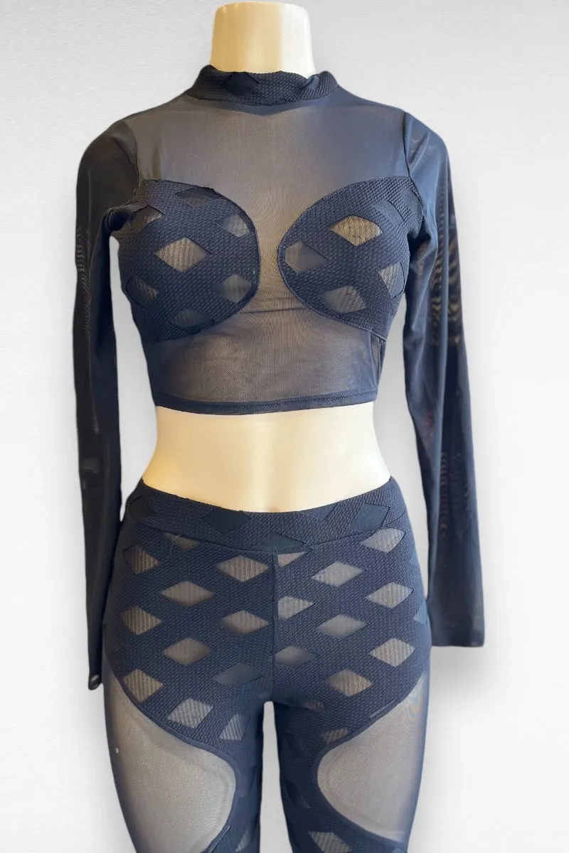 Contour Print and Mesh Top and Bottom Set