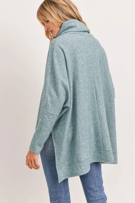 Cowl Neck Side Slits Thermal Knit Boxy Swtr