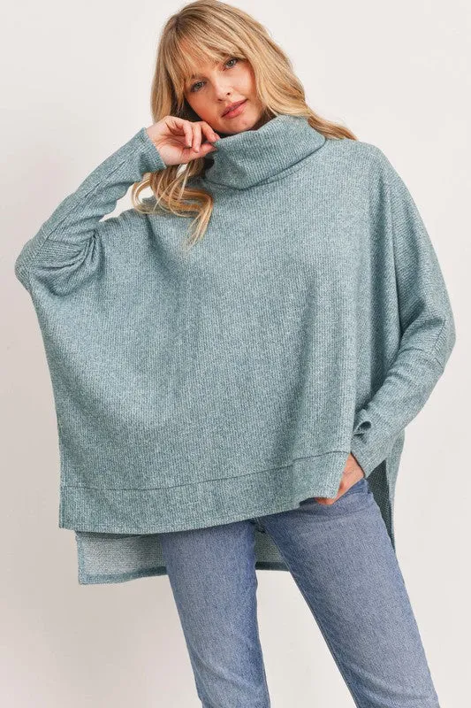 Cowl Neck Side Slits Thermal Knit Boxy Swtr