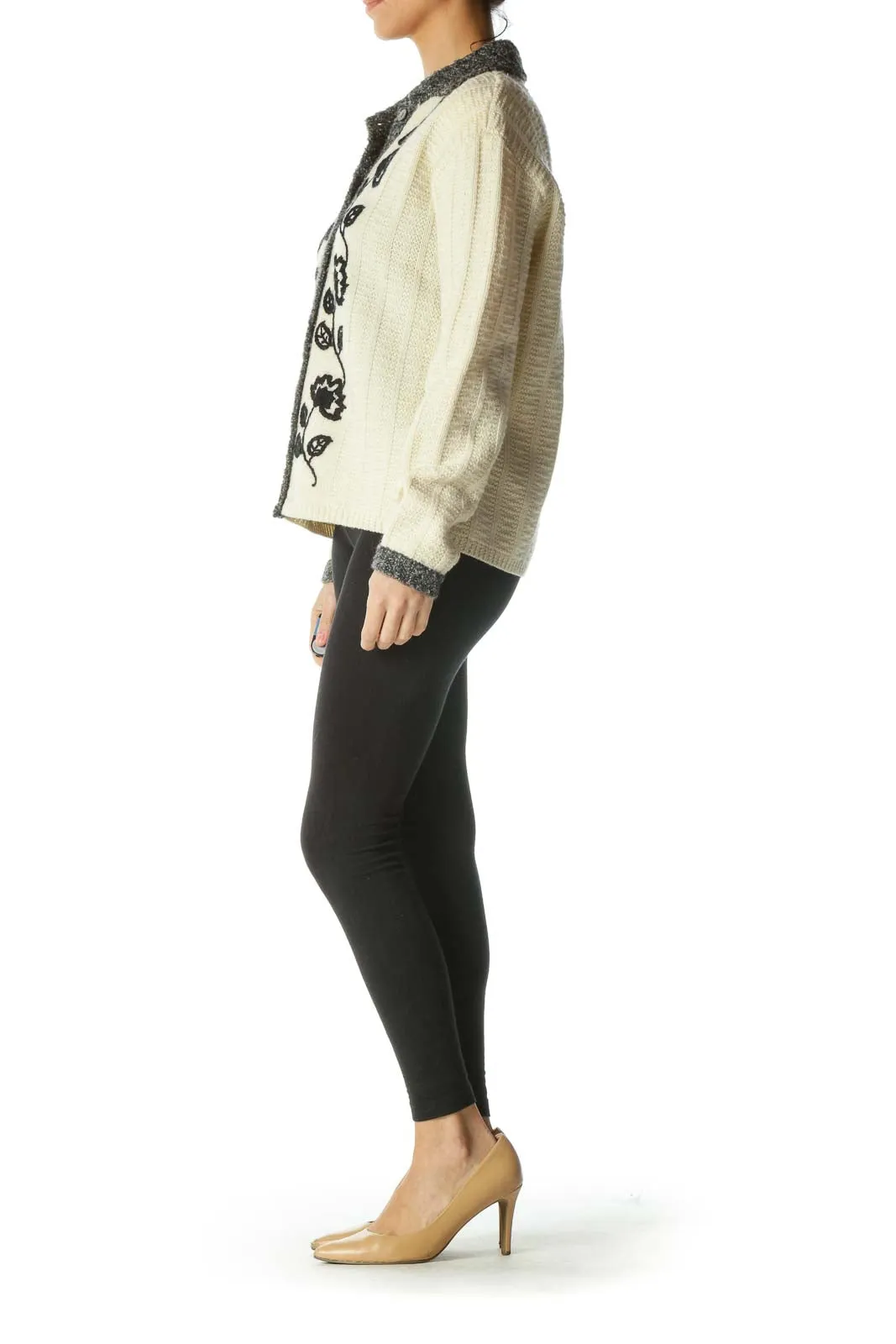 Cream Wool Embroidered Knit Sweater