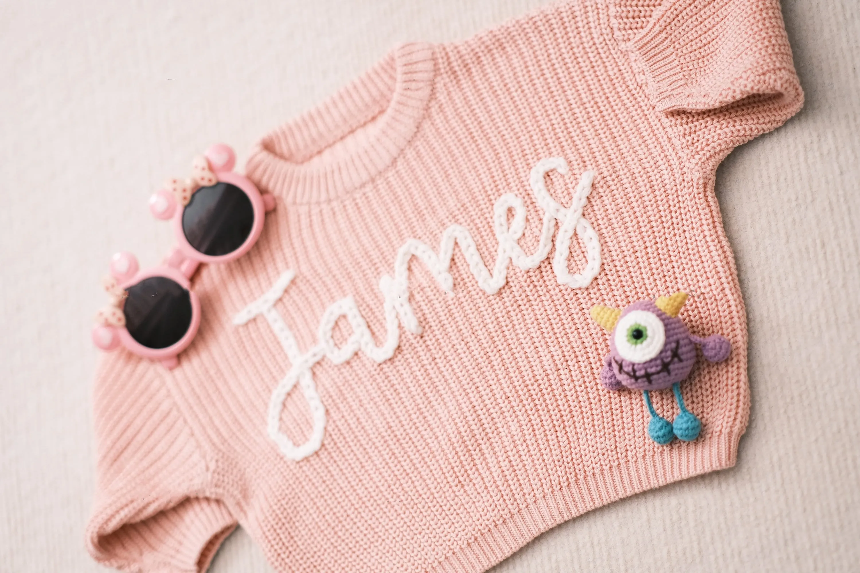 Custom Baby Girl's Sweater Featuring Hand-Embroidered Name and Monogram - A Heartfelt Gift from Aunt
