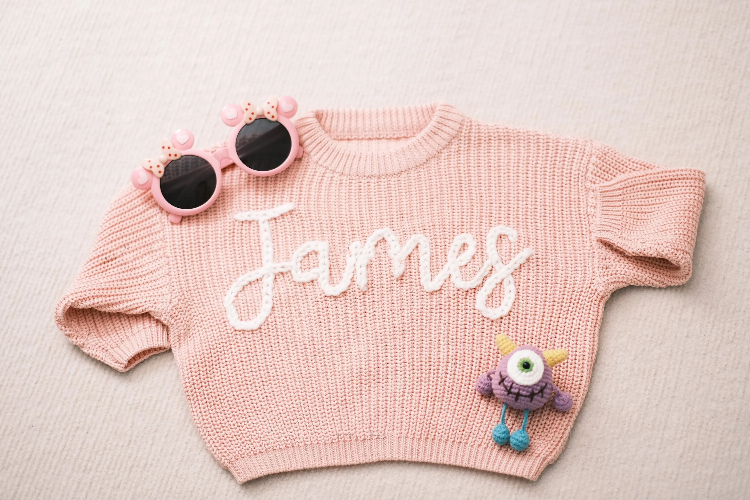Custom Baby Girl's Sweater Featuring Hand-Embroidered Name and Monogram - A Heartfelt Gift from Aunt